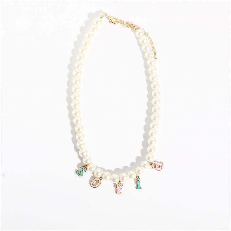 Casual 18K Gold Plated Letter Stainless Steel Necklace with Drip Oil and Pearl Pendant