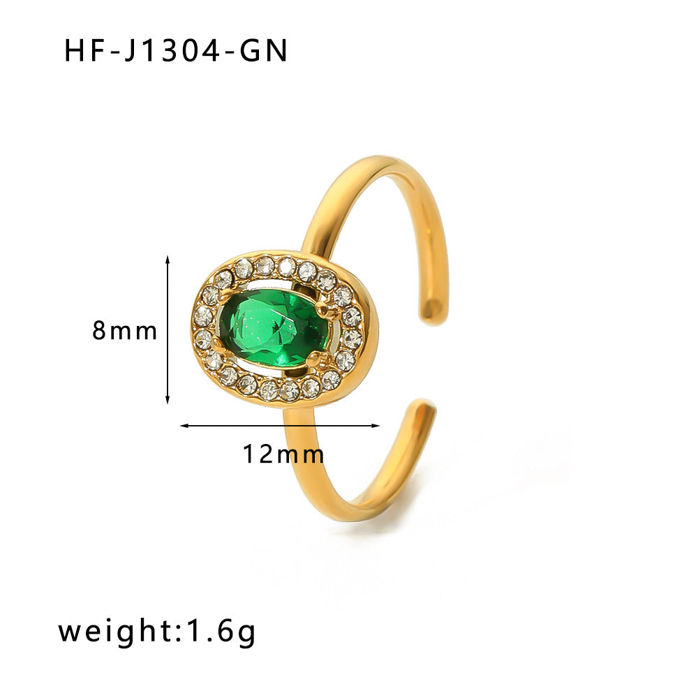 Vintage Stainless Steel Heart-Shaped Geometric Ring with Zircon Inlay and 18K Vacuum Plating for Women