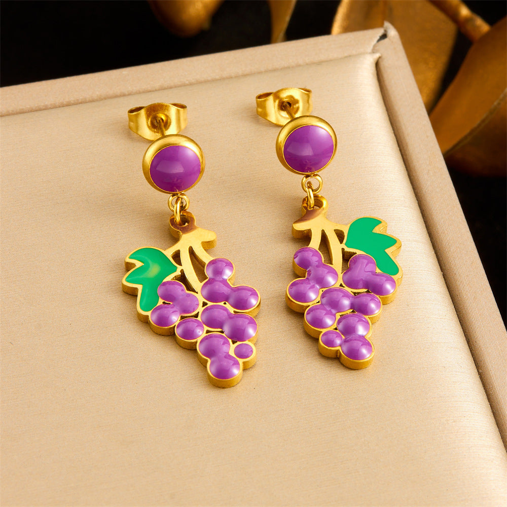 Elegant Cartoon Drip Oil Plated Stainless Steel Butterfly Fruit Jewelry Set with Serpentine Chain for Women