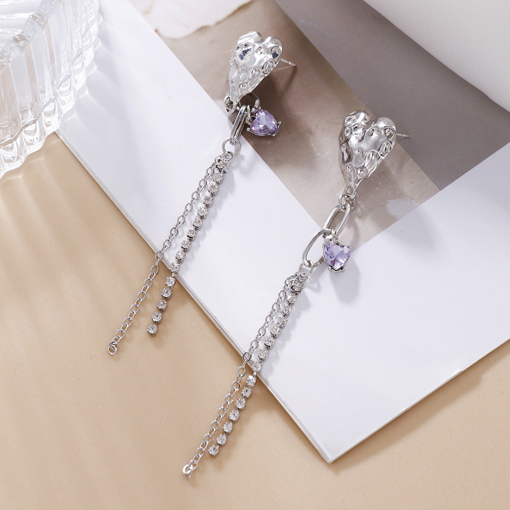 Sweet Minimalist Heart Geometric Alloy Earrings with Purple Cubic Zirconia and 925 Sterling Silver Post Long Tassel Drop Earrings for Women