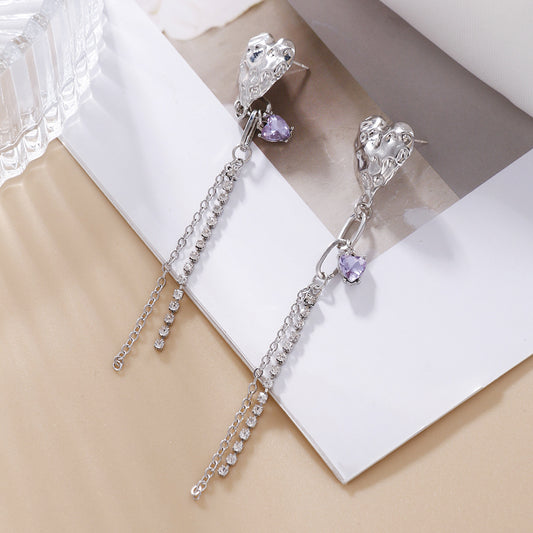 Sweet Minimalist Heart Geometric Alloy Earrings with Purple Cubic Zirconia and 925 Sterling Silver Post Long Tassel Drop Earrings for Women