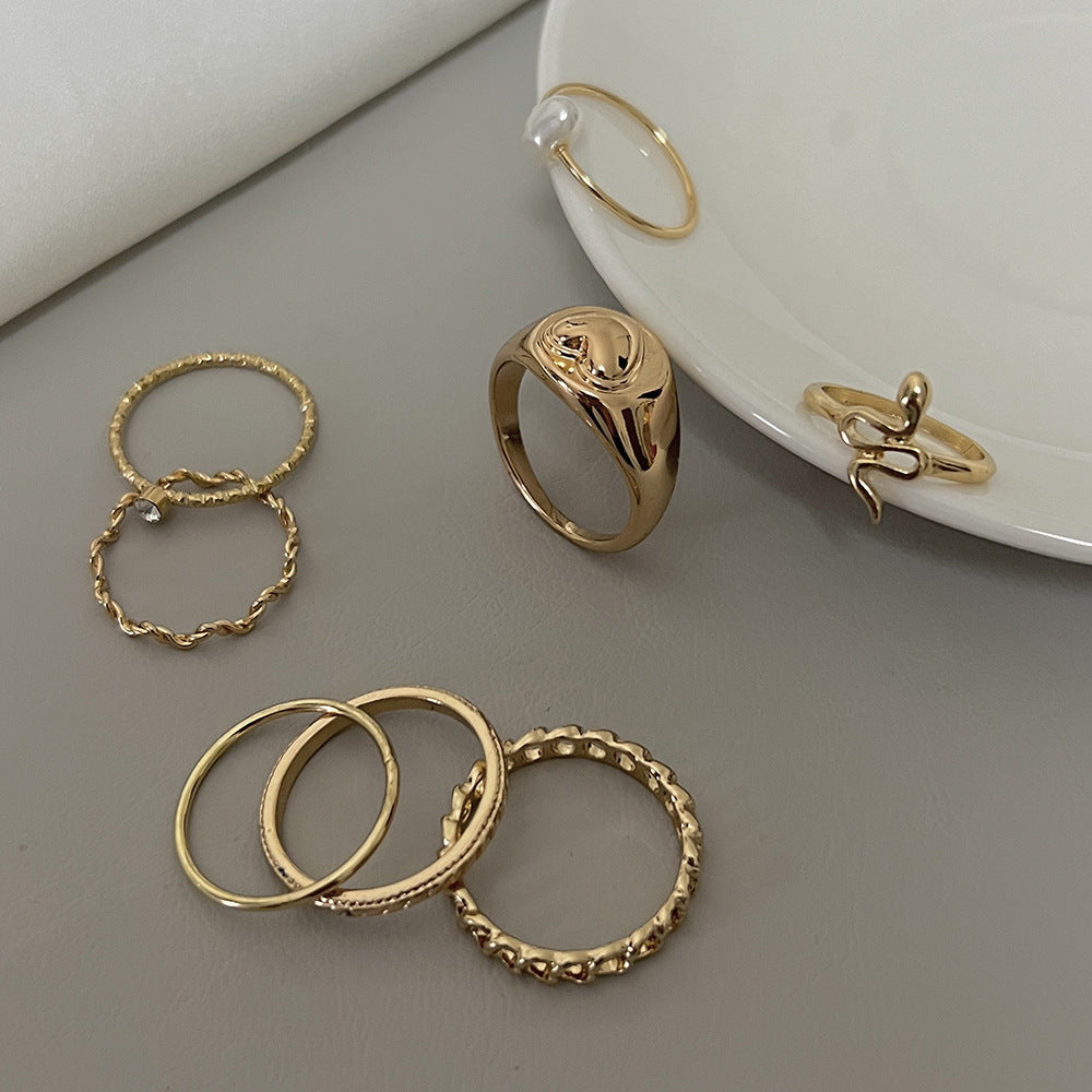 Minimalist Open Snake Ring with Hollow Heart and Pearl Inlay Alloy Plated Jewelry Set