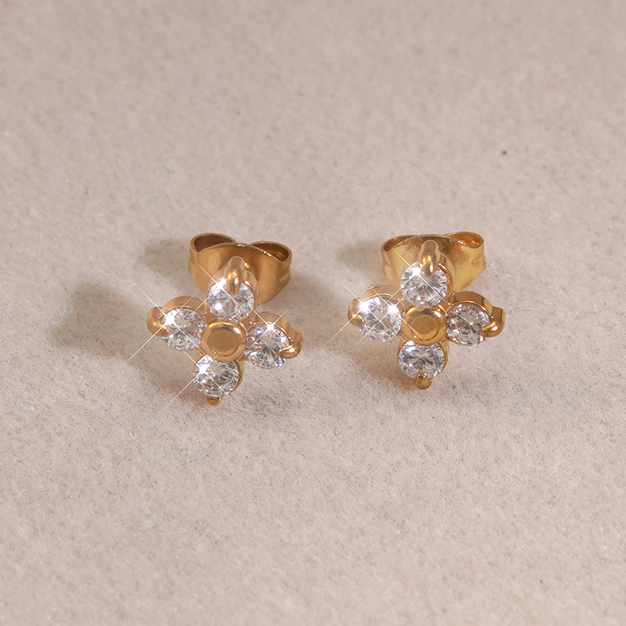 Minimalist Luxury Floral Stainless Steel Gold Plated Cubic Zirconia Stud Earrings for Women
