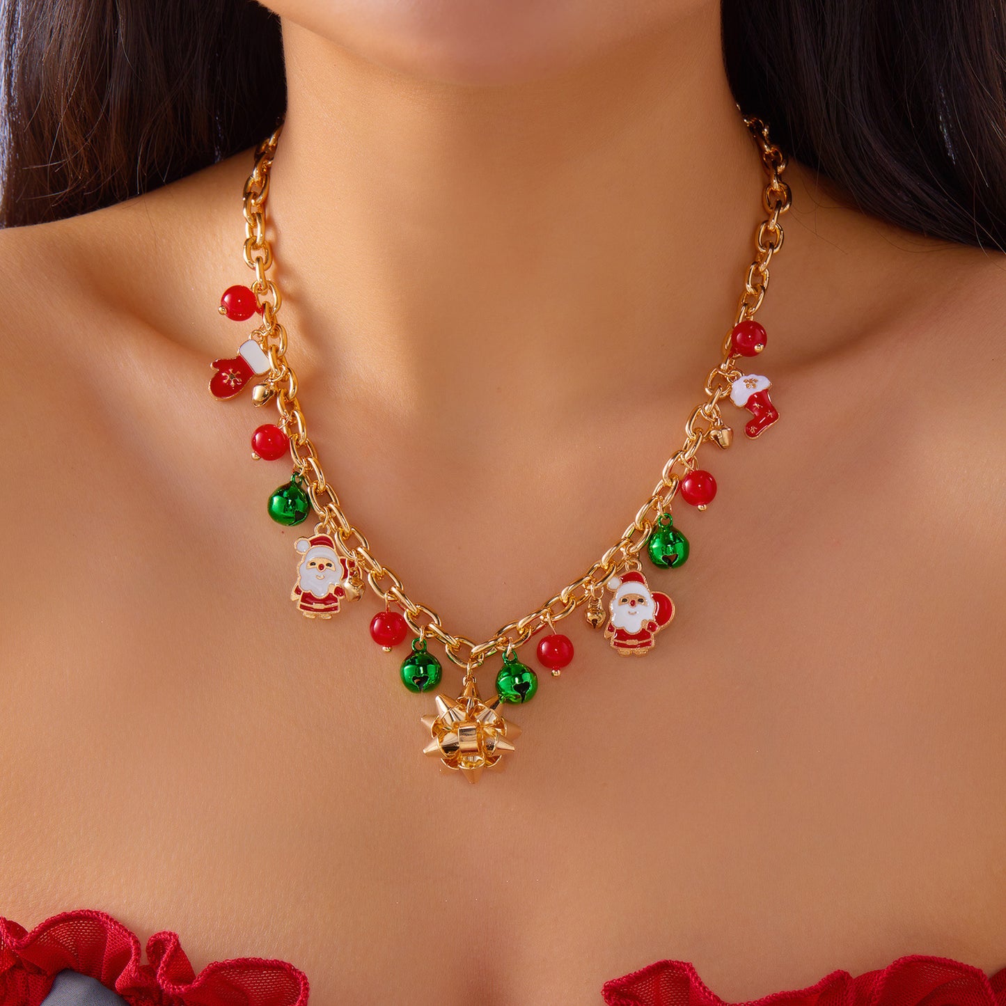 Collana pendente alla moda Babbo Natale e pupazzo di neve per donne con struttura in lega di zinco e finitura placcata