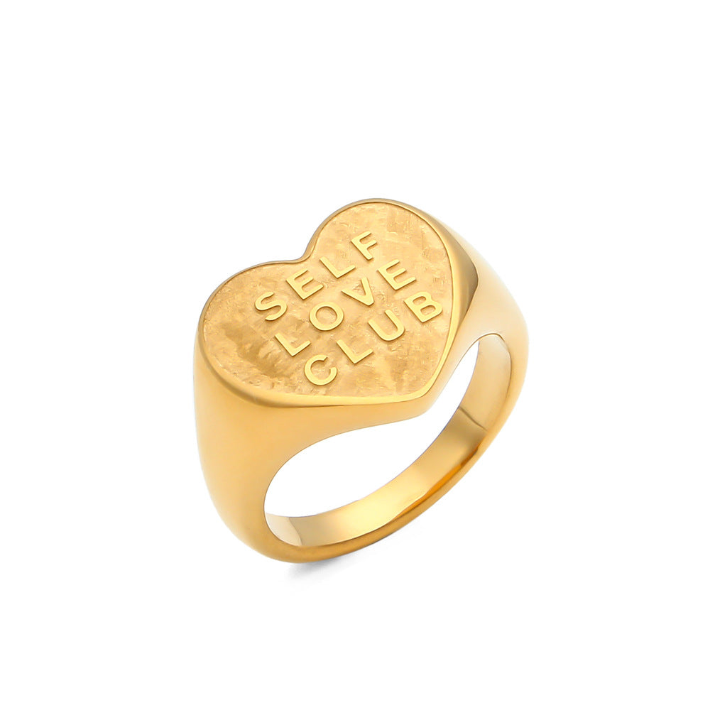 Fashionable Heart-Shaped Stainless Steel Ring with Gold Plating for Women Featuring SELFLOVECLUB Letter Design