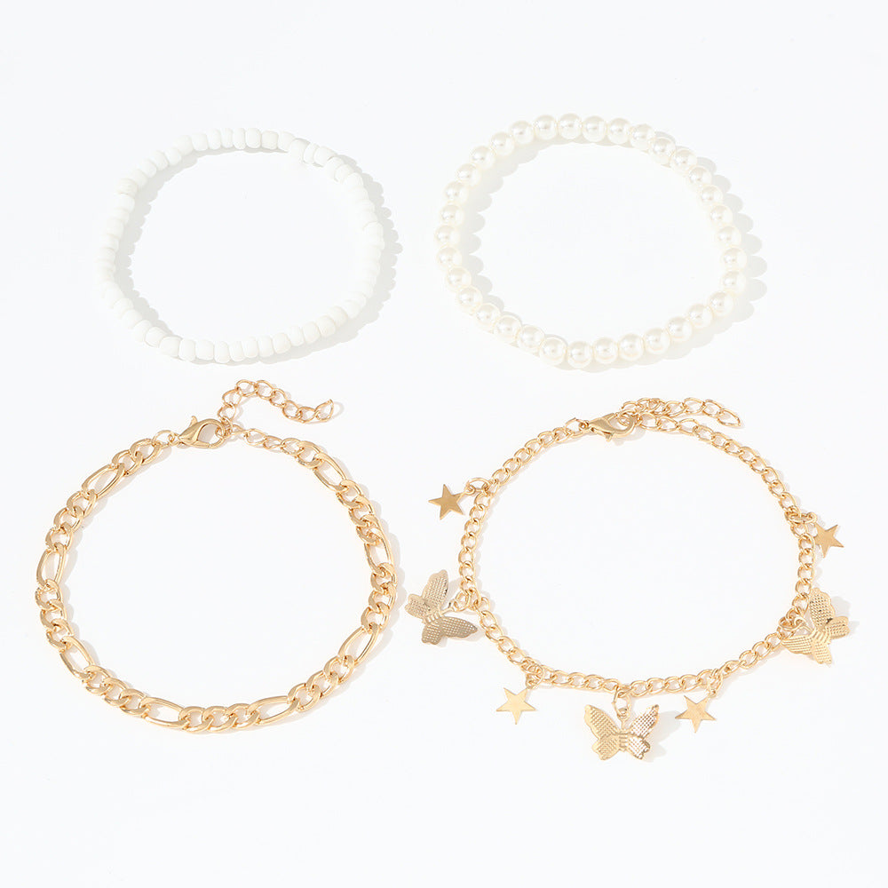 Set di cavigliere vintage minimaliste con farfalla e perle da 4 mm per donna