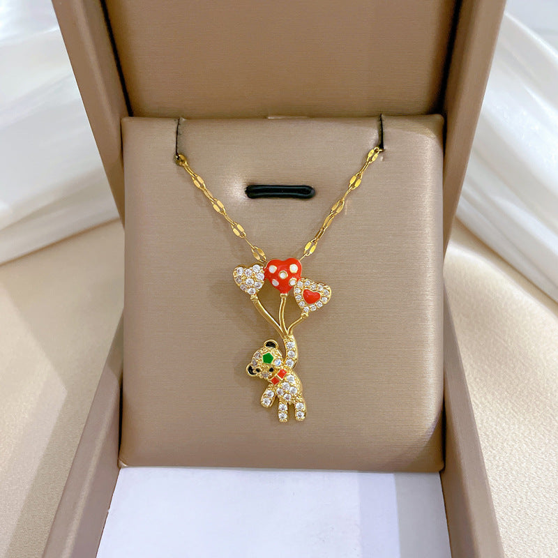 Luxury Titanium Steel Geometric Bear Pendant Necklace for Women with Rhinestone Inlay and Delicate Clavicle Chain