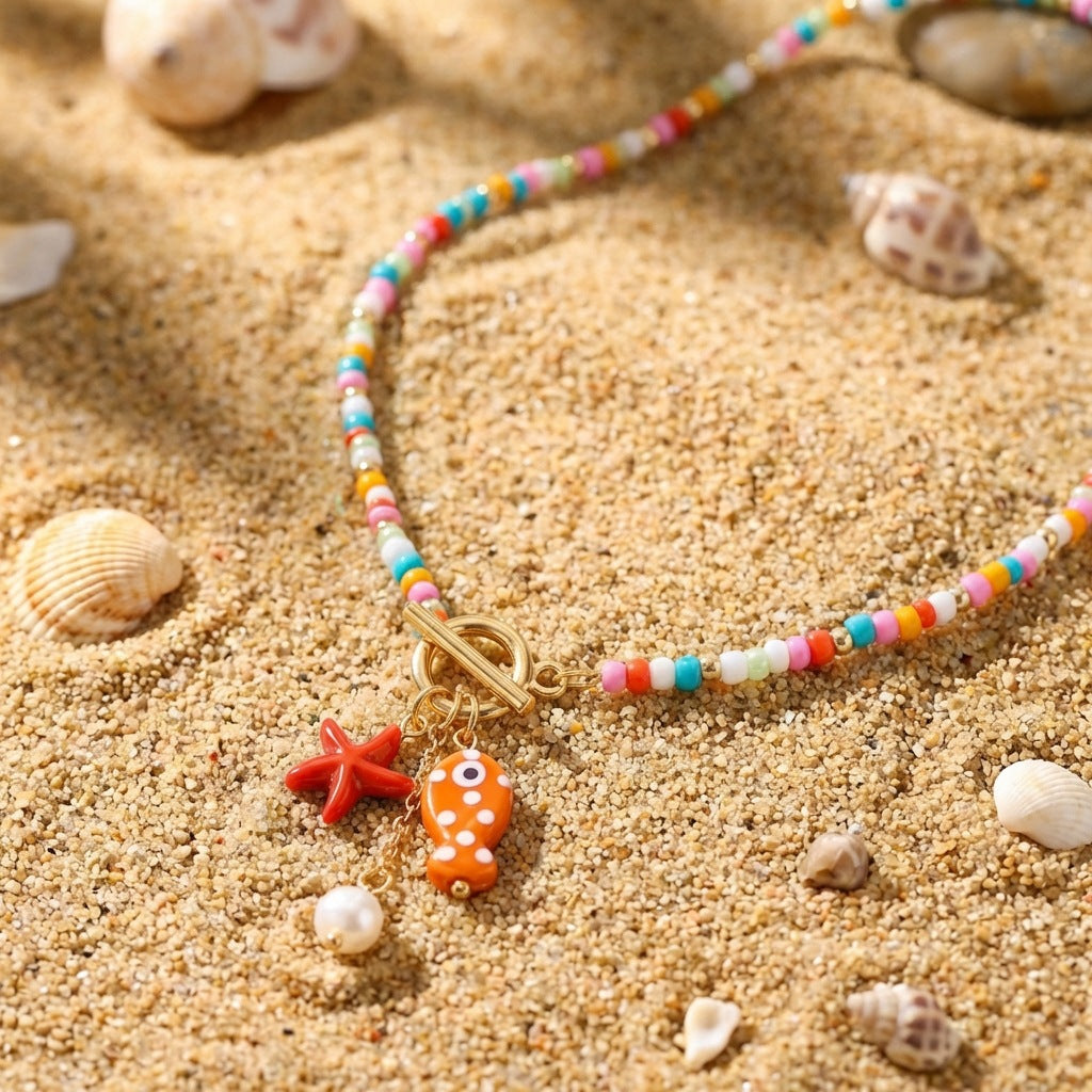 Bohemian Sweet Geometric Ceramic Resin Fish Starfish Turquoise Tassel Beaded Necklace for Women