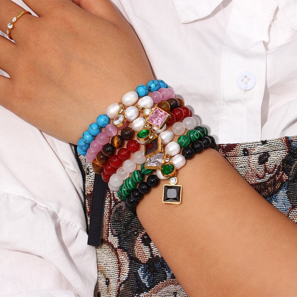 Pulsera de Cuentas de Piedra Natural Ónix Negro Geométrica Minimalista con Acentos de Zirconia y Baño de Rodio para Mujer