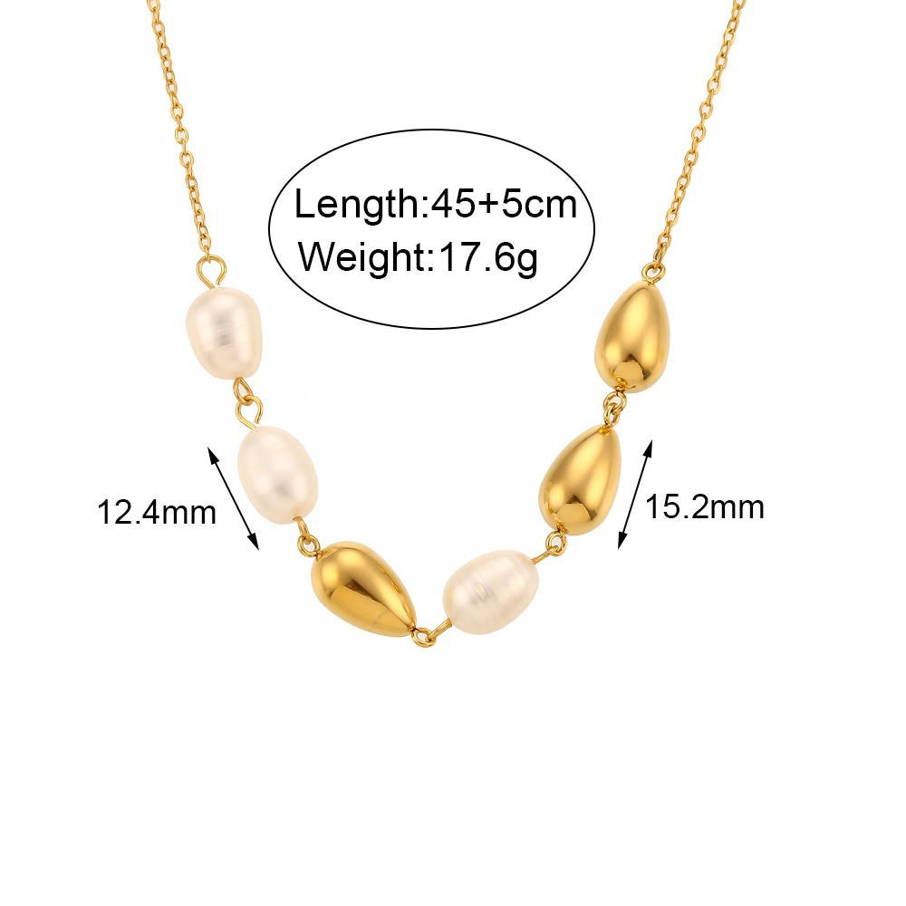 Minimalist Geometric Pearl Pendant Necklace and Bracelet Set in Titanium Steel with Plated Finish for Women
