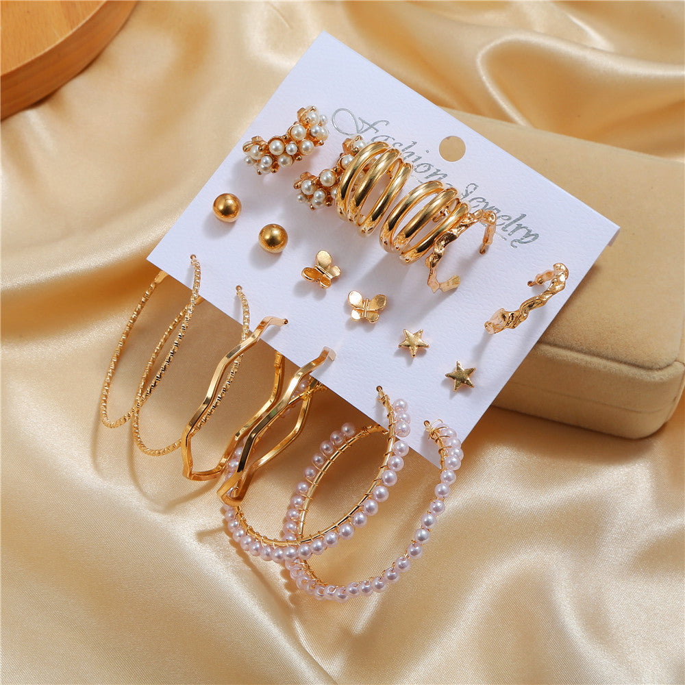 Plated Stainless Steel Butterfly Geometric Round Crystal Pearl Earrings Set for Unisex