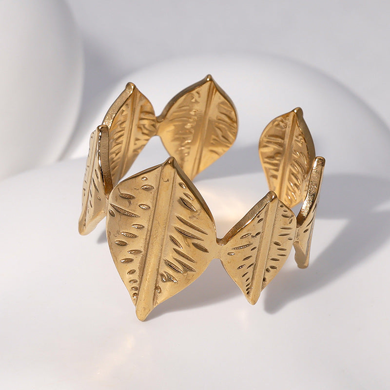 Minimalist Leaf-Shaped Stainless Steel Adjustable Open Ring for Women with Gold Plating