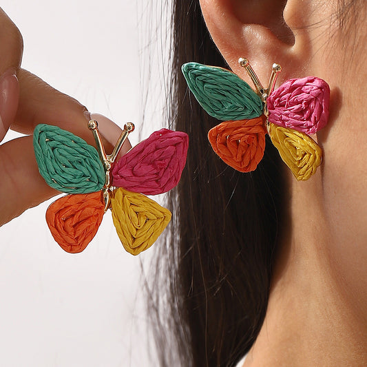 Sweet and Fresh Style Butterfly-Shaped Earrings Made of Alloy and Raffia with Handwoven Craftsmanship