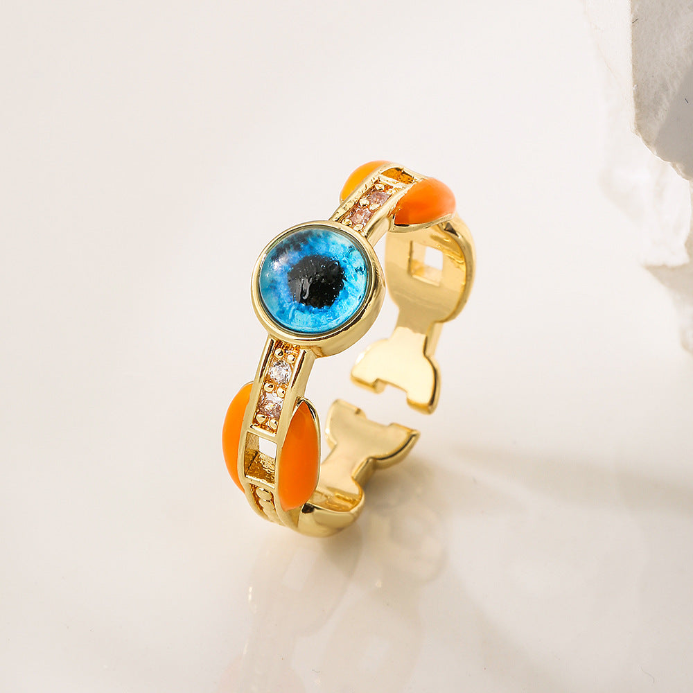 Minimalist Geometric Eye-Shaped Copper Ring with 18K Gold Plating and Enamel Finish for Women