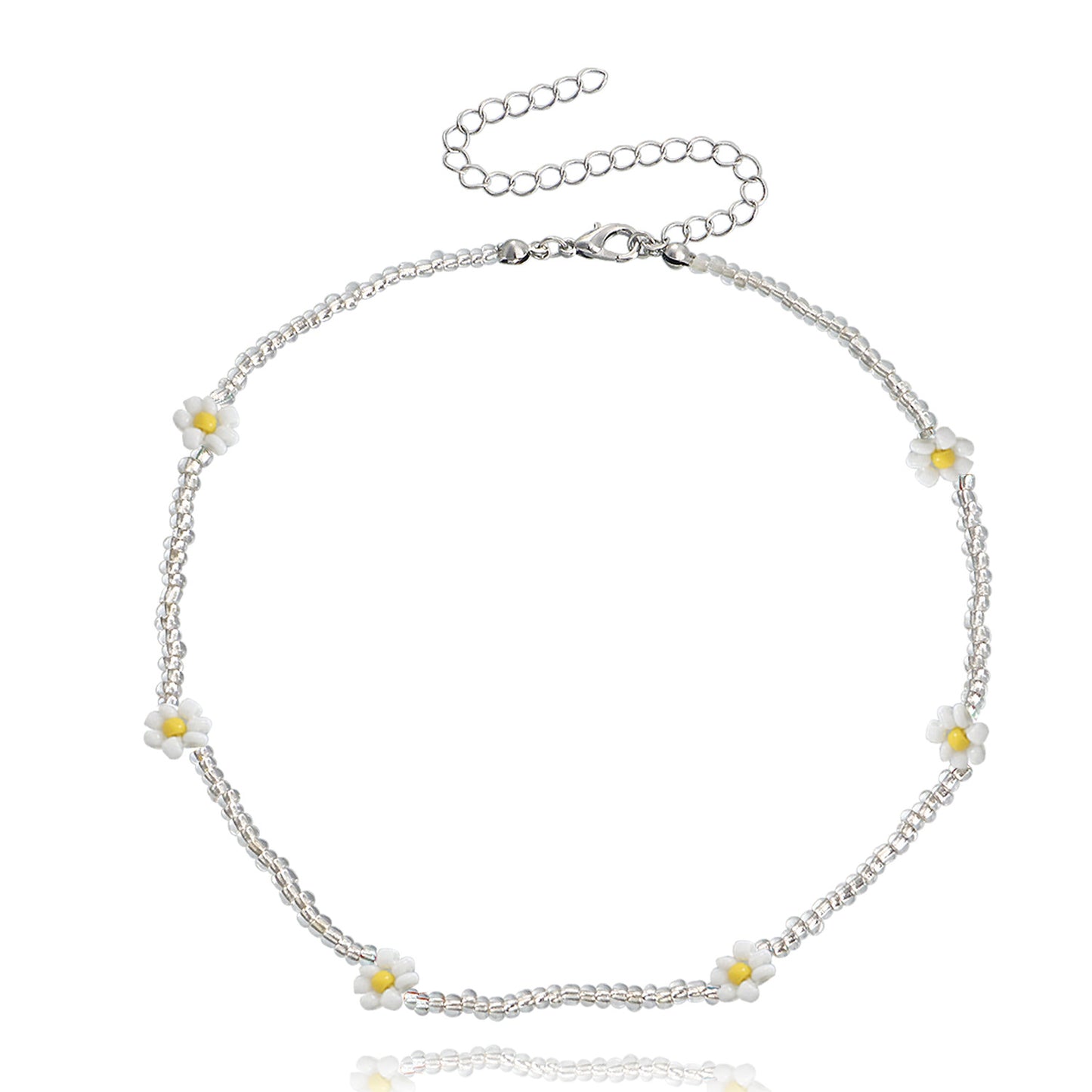 Bohemian Style Daisy Flower Pendant Necklace with Clear White Rice Beads and Geometric Accents in Alloy with Plated Finish for Women