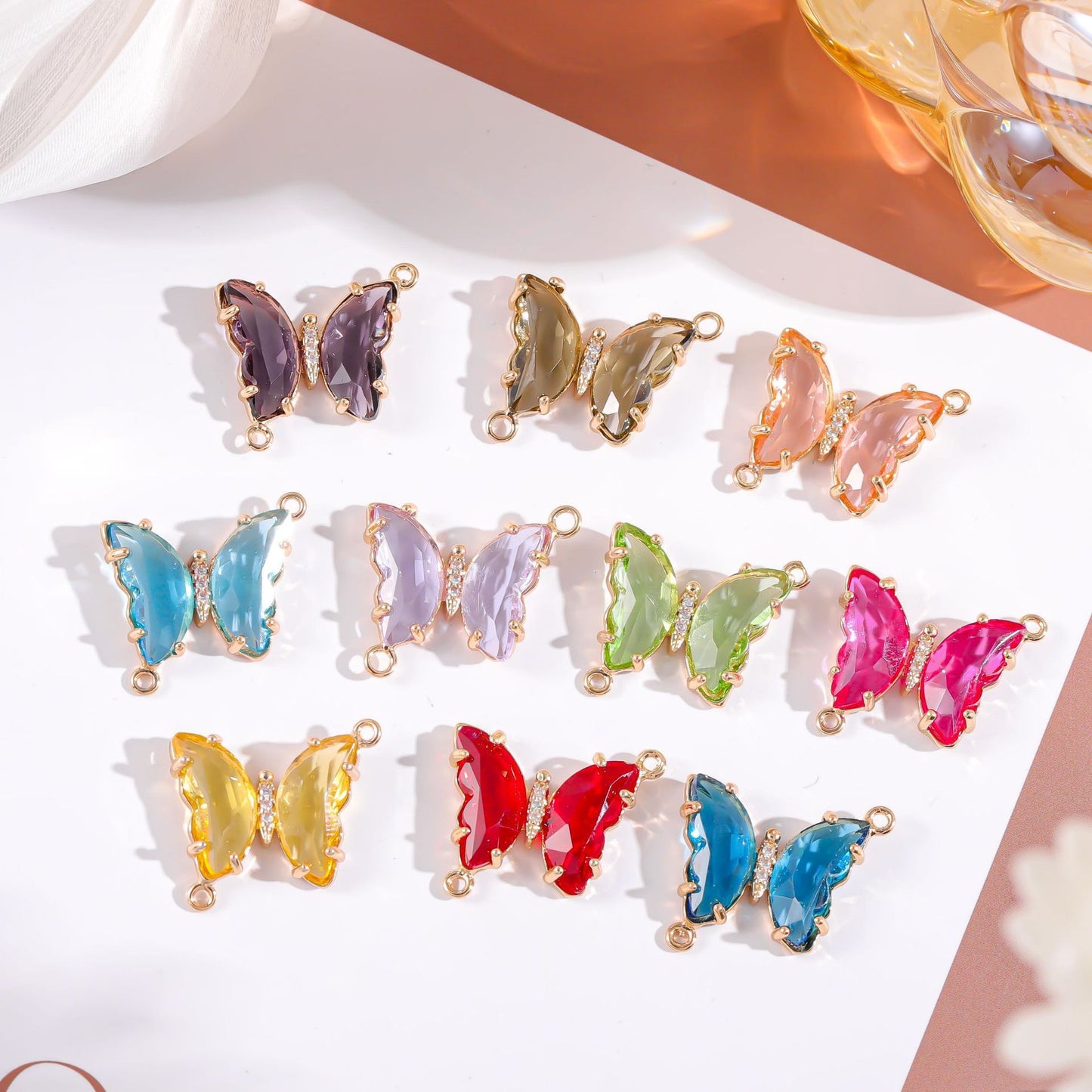 Sweet Gradient Glitter Crystal Butterfly Double Pendant Brass Plated Charm Bar