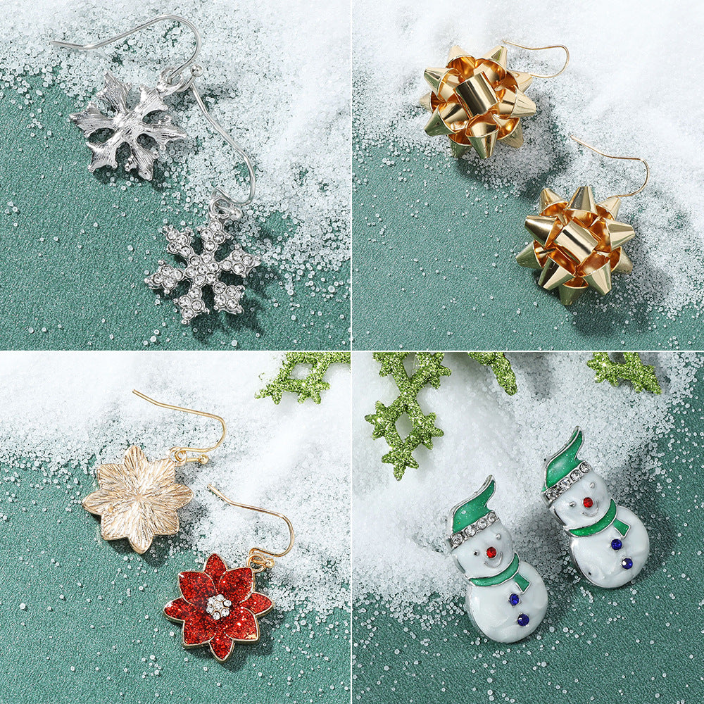 Pendientes de Navidad geométricos estilo Ins para mujer con esmalte de copo de nieve, reno y cascabel.