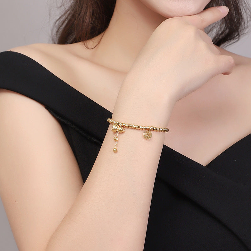 Chinese New Year Lucky Fu Character Solid Mini Gourd Bracelet for Women in Titanium Steel with 18K Gold Plating