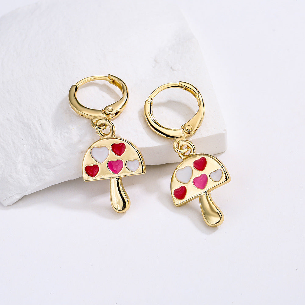 Minimalist Mushroom-Shaped Earrings for Women Made of Copper with Gold Plating and Enamel Finish