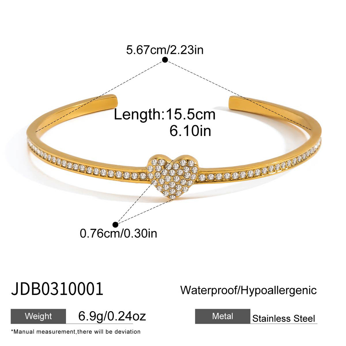 Heart Rhinestone Plated Stainless Steel Cuff Bracelet