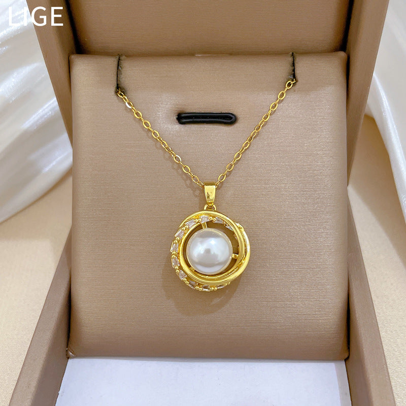 Sweet Geometric Rotating Bird Nest Pearl Rhinestone Necklace Titanium Steel Cable Chain for Women