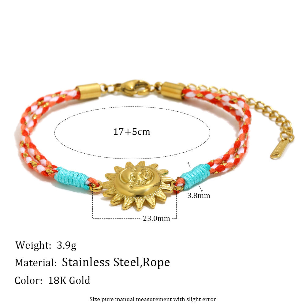 Bracciale Minimalista con Ciondolo a Stella Marina e Sole in Acciaio Inossidabile Placcato Oro 18K con Cordino Intrecciato