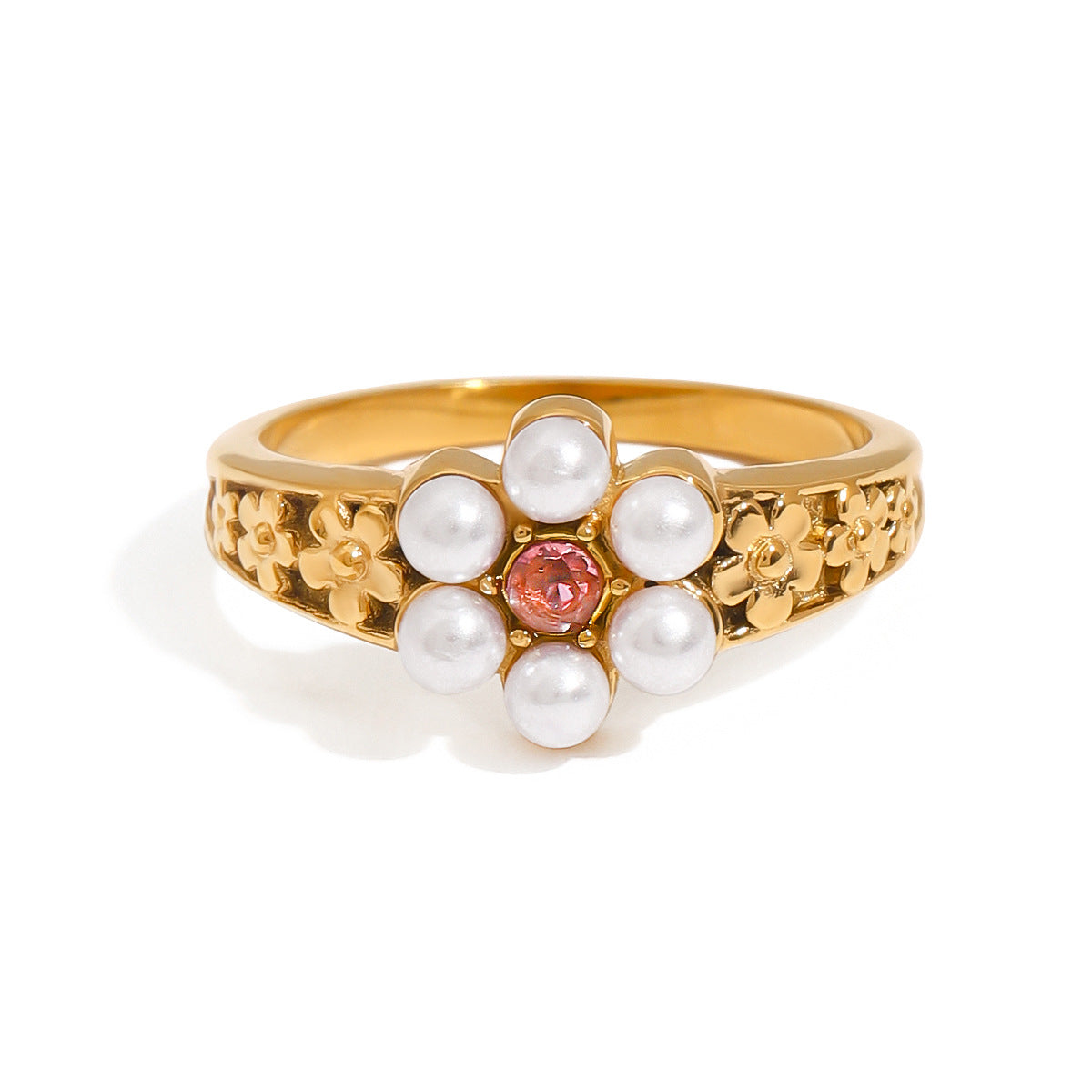 Elegant Geometric Stainless Steel Plated Ring with Pearl Inlay for Women