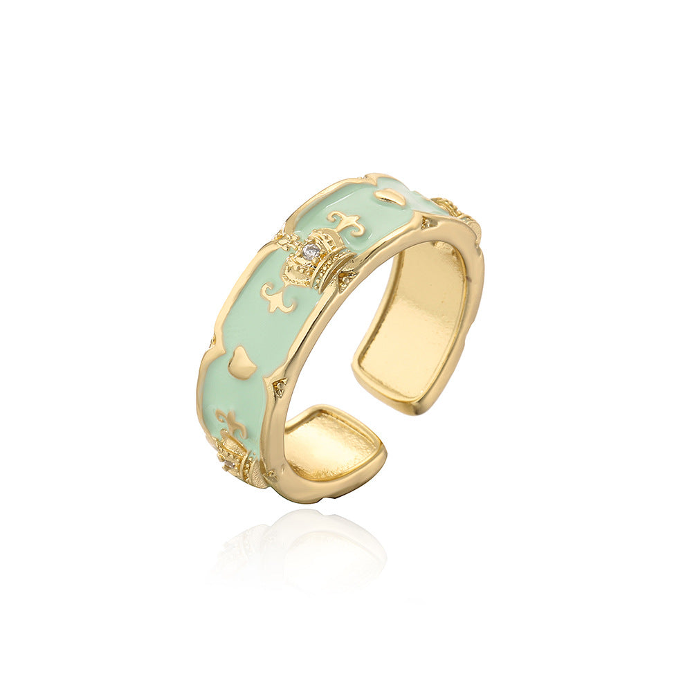 Minimalist Geometric Copper Ring with 18K Gold Plating, Enamel Crown Design and Zircon Inlay for Women
