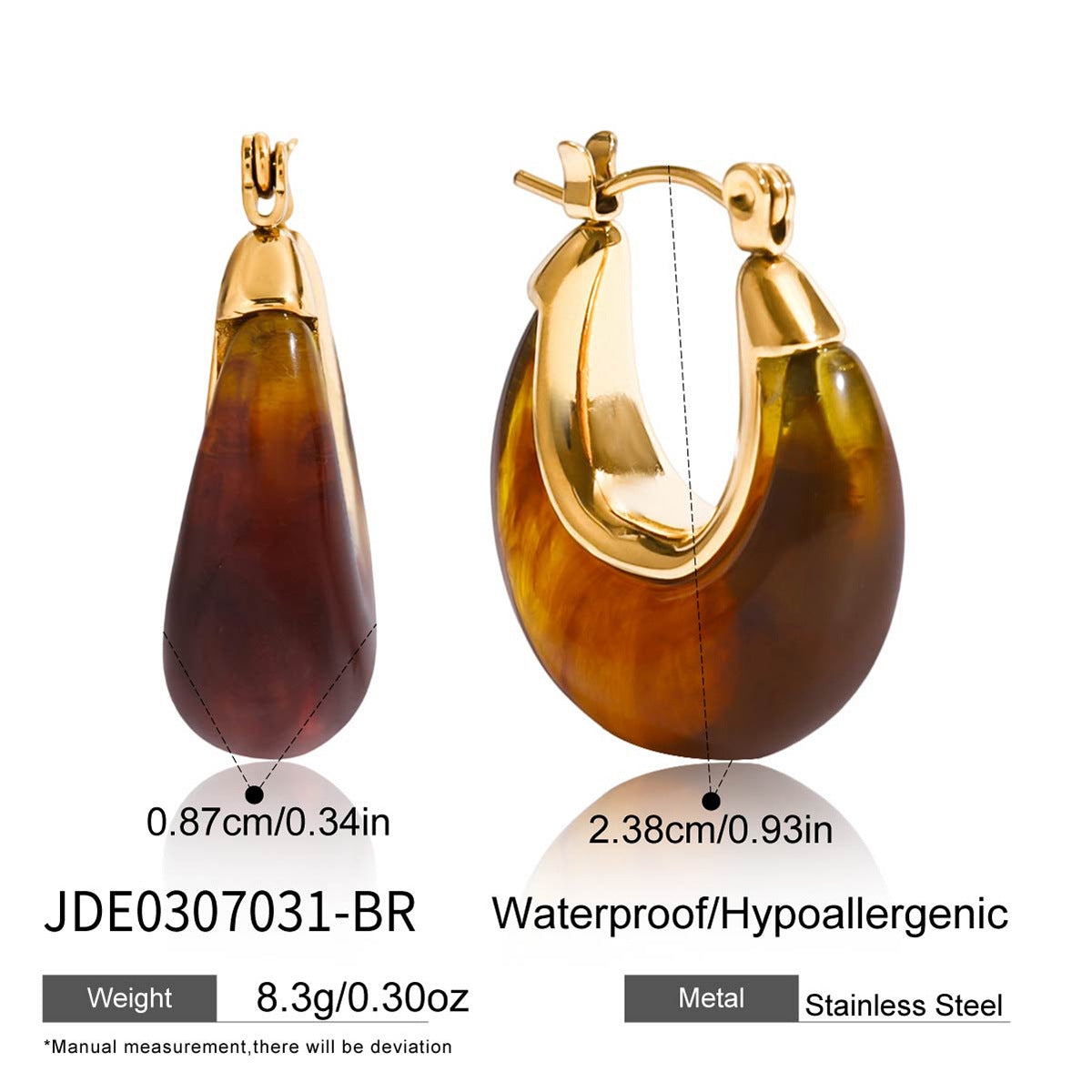 Pendientes minimalistas de acero inoxidable geométricos con incrustaciones de resina ámbar y acabado chapado para mujer