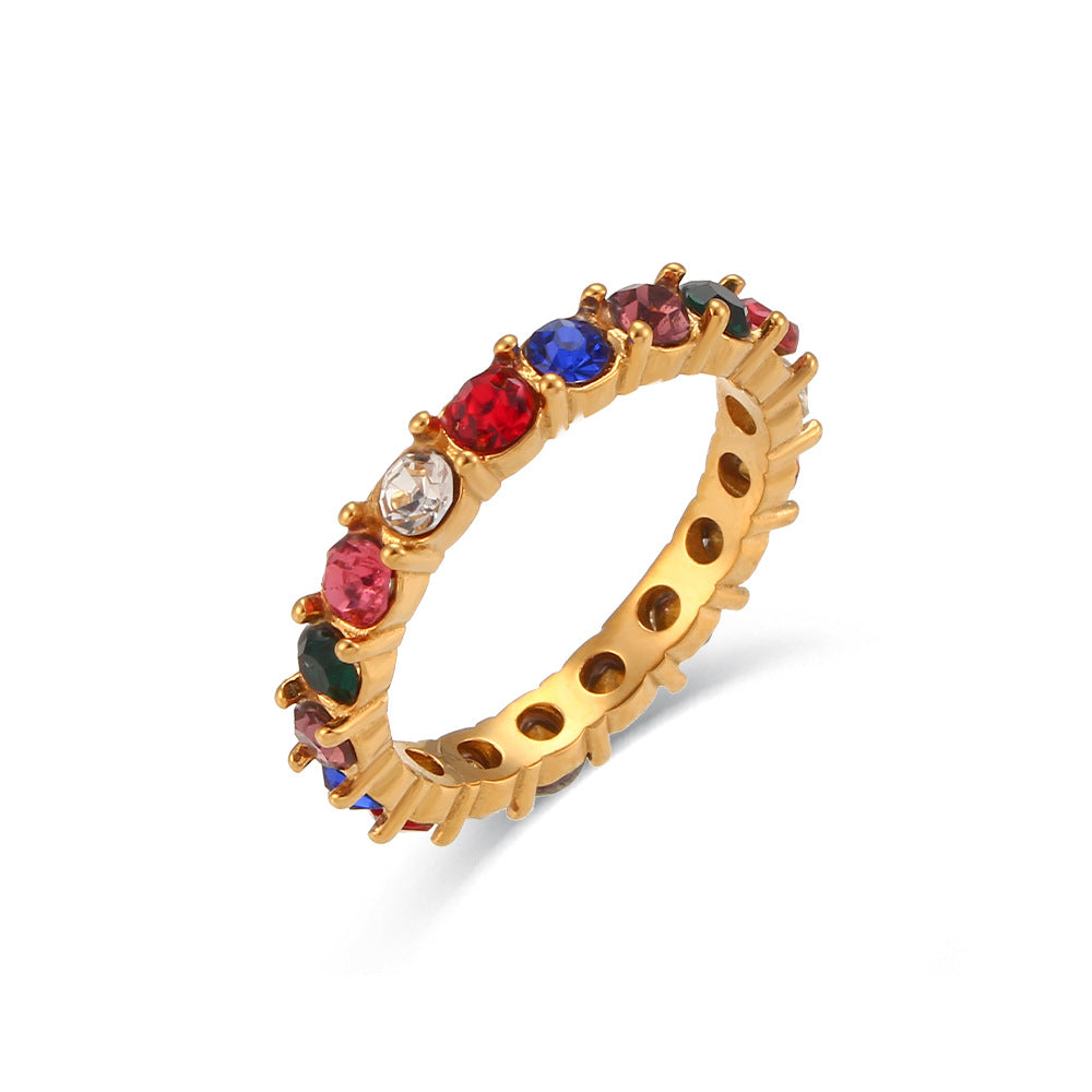 Minimalist Geometric Stainless Steel Ring for Women with 18K Gold Plating and Micro-Paved Colored Zirconia