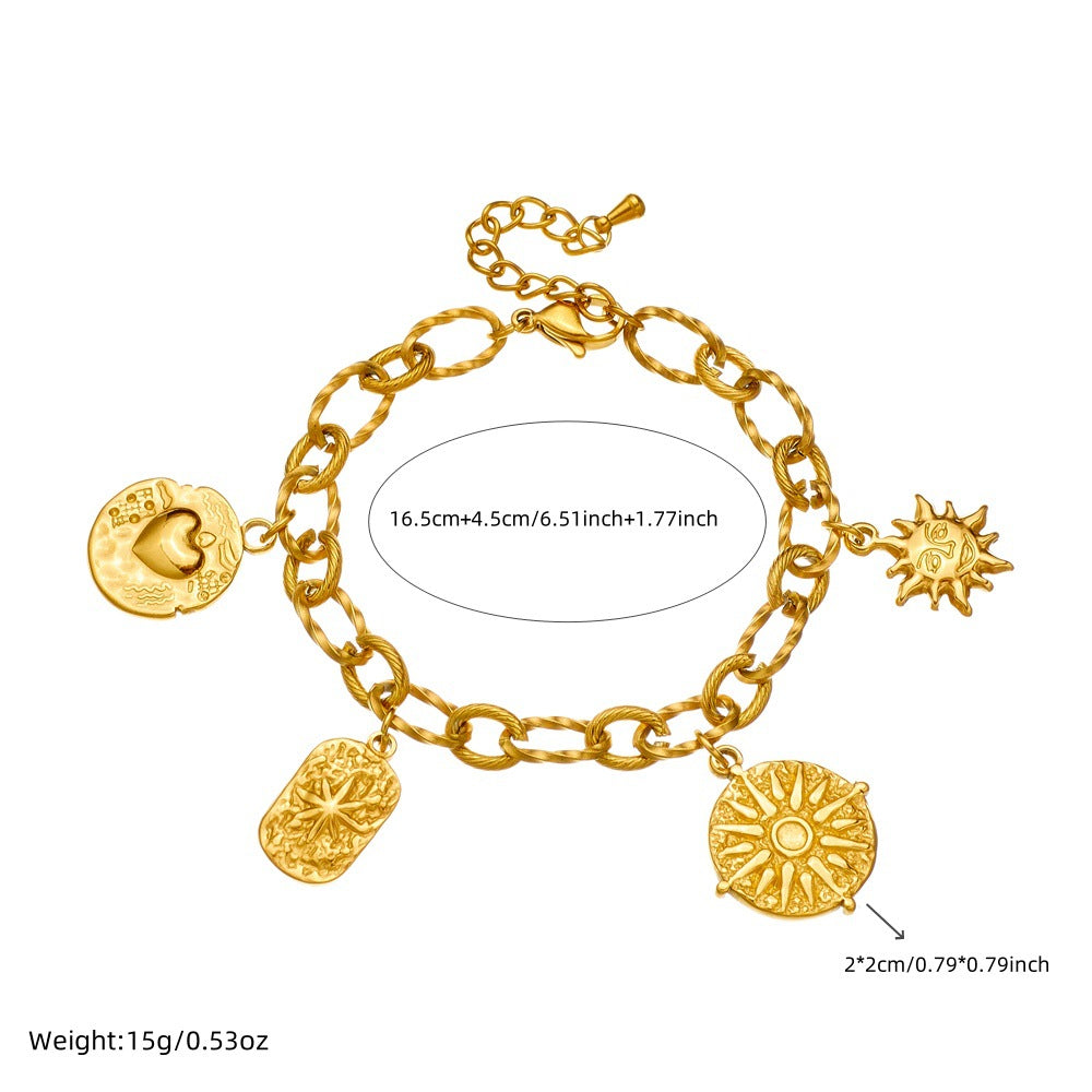 Bracciale in acciaio inossidabile da donna con ciondolo a forma di cuore e sole irregolare placcato oro vintage alla moda