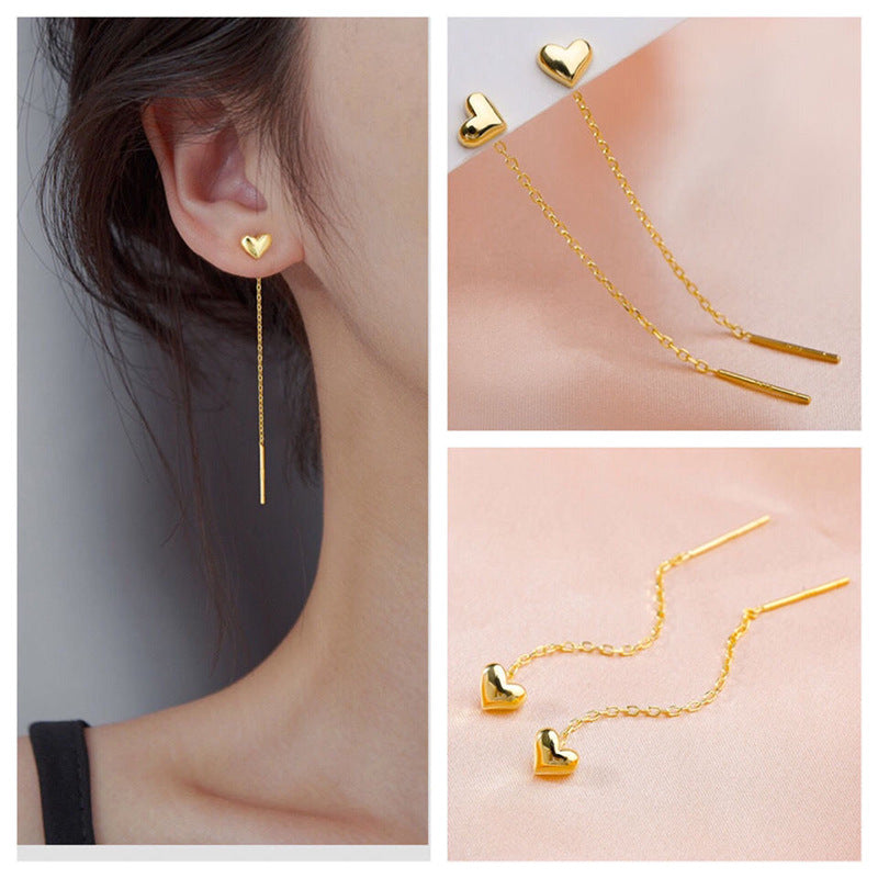 Sweet Gold Filled Titanium Steel Heart Teardrop Tassel Drop Earrings