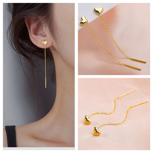 Sweet Gold Filled Titanium Steel Heart Teardrop Tassel Drop Earrings