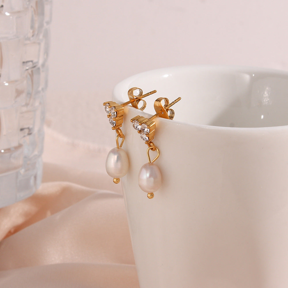 Fashion Minimalist Geometric Stainless Steel Earrings with Freshwater Pearls and 18K Gold Plating