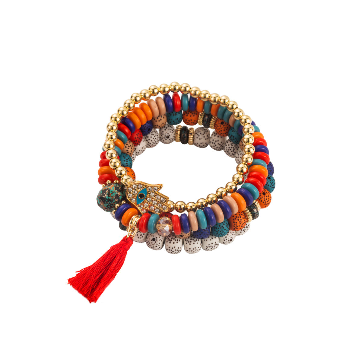 Pulsera de Cuentas de Estilo Étnico Bohemio Multicapa con Borla y Detalles de Diamantes de Imitación
