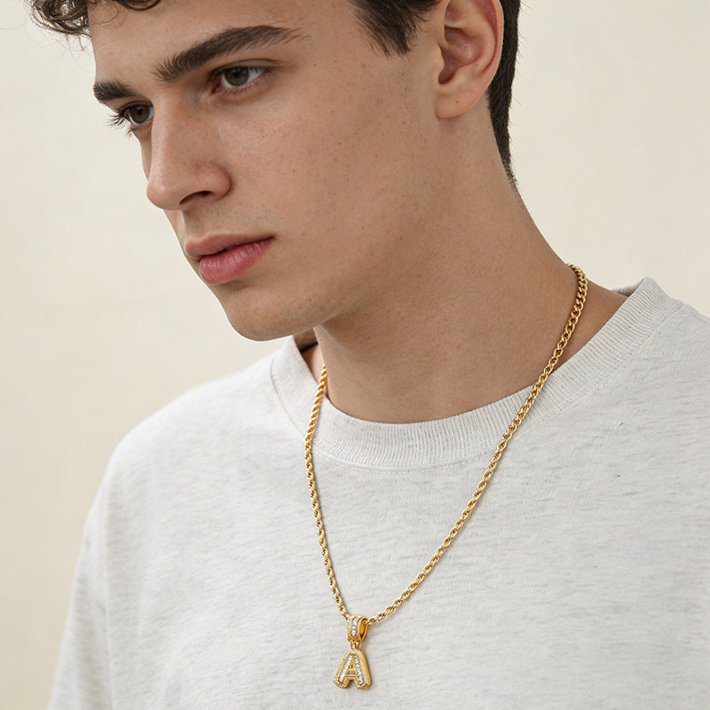 Personalized 18K Gold Plated Brass Cubic Zirconia Letter Pendant Necklace with Stainless Steel Rope Chain