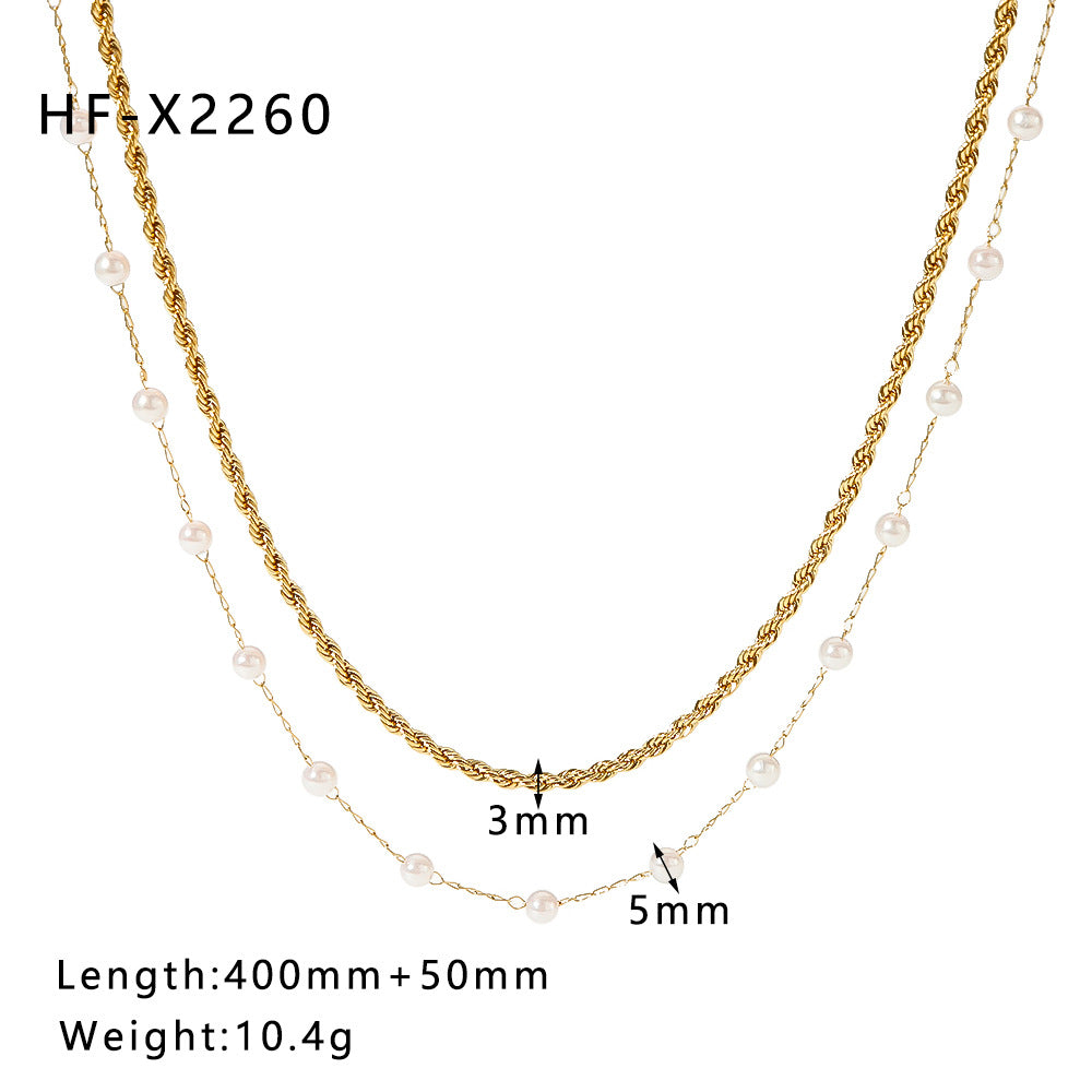 Collana con pendente geometrico minimalista da donna con catena in acciaio inossidabile placcato oro 18 carati con inserti di perle
