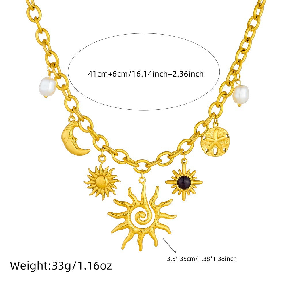 Fashionable Minimalist Sun and Moon Pendant Necklace in Gold-Plated Stainless Steel with Star Shape and O-Chain for Women