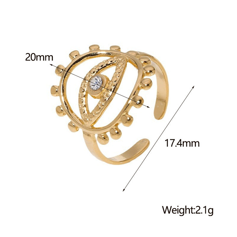 Anello Aperto Geometrico Minimalista da Donna in Acciaio Inossidabile con Placcatura in Oro 18 carati e Occhio di Allah con Strass