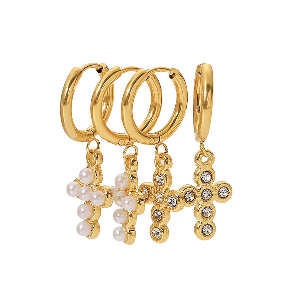 Pendientes de titanio con diseño geométrico de estilo francés con colgante de cruz chapado en oro de 18 quilates para mujer