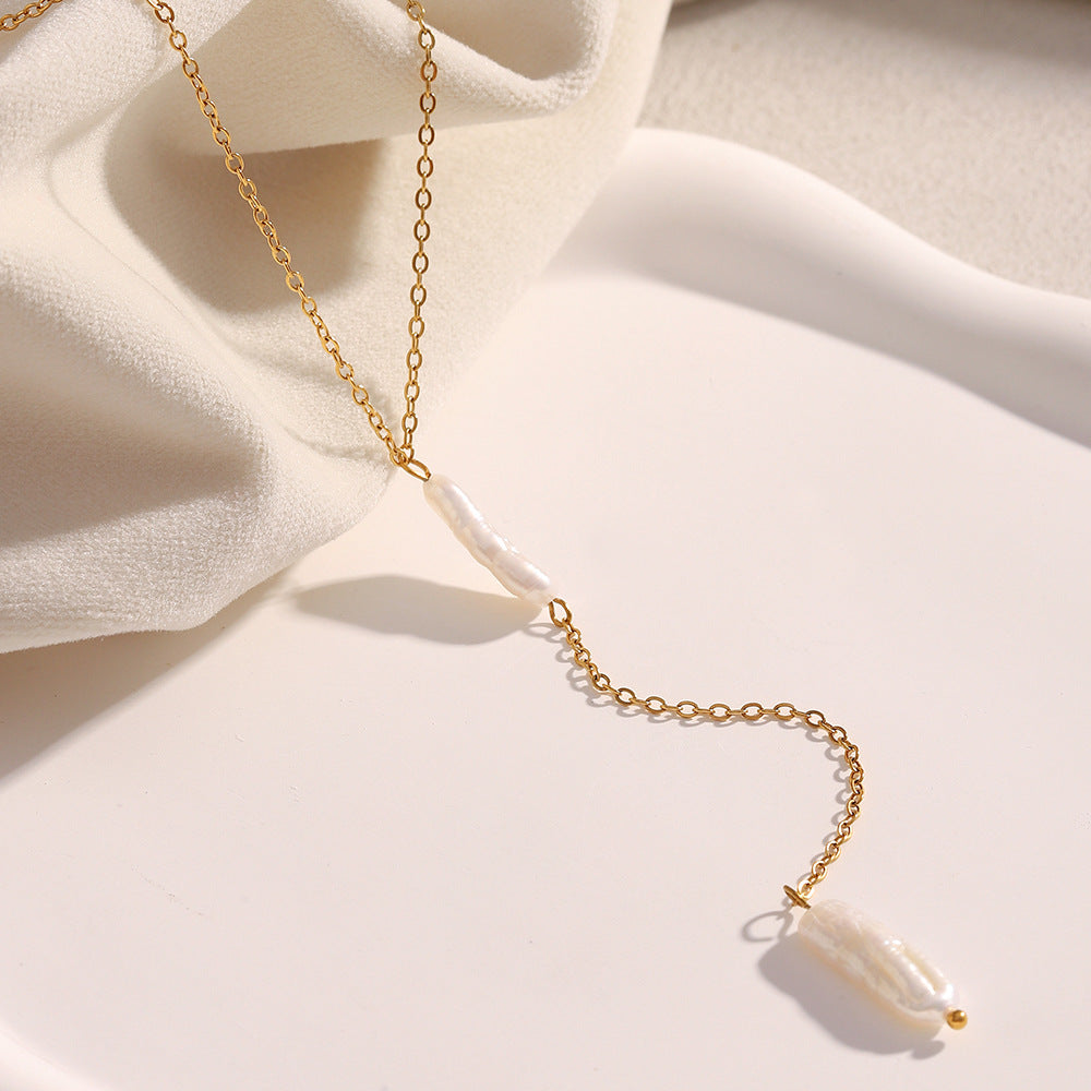Minimalist Geometric Stainless Steel Plated 18K Gold Long Pearl Tassel Necklace for Women