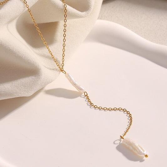 Collar de borlas de perlas largas de acero inoxidable geométrico minimalista chapado en oro de 18 quilates para mujer