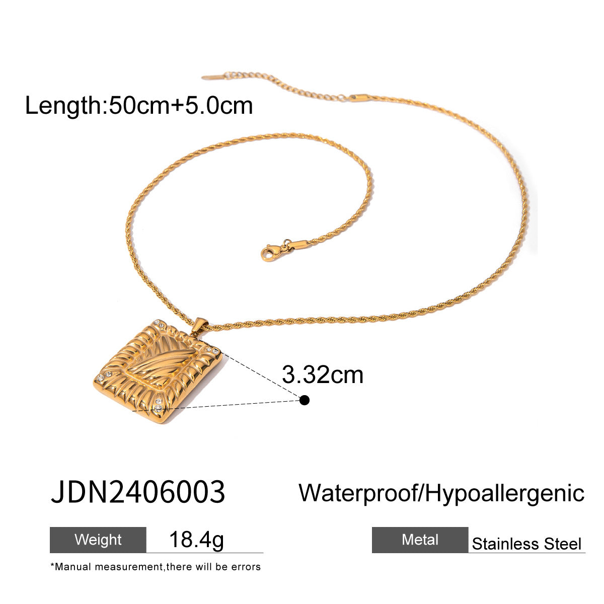 Collar unisex de cadena O con colgante cuadrado geométrico de diamantes de imitación de acero inoxidable chapado en oro de 18 quilates
