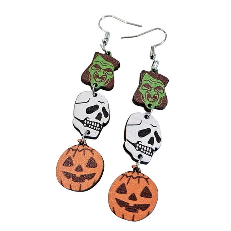 Pendientes de madera exagerados de Halloween con diseño de calavera fantasma y calabaza de dibujos animados para mujer