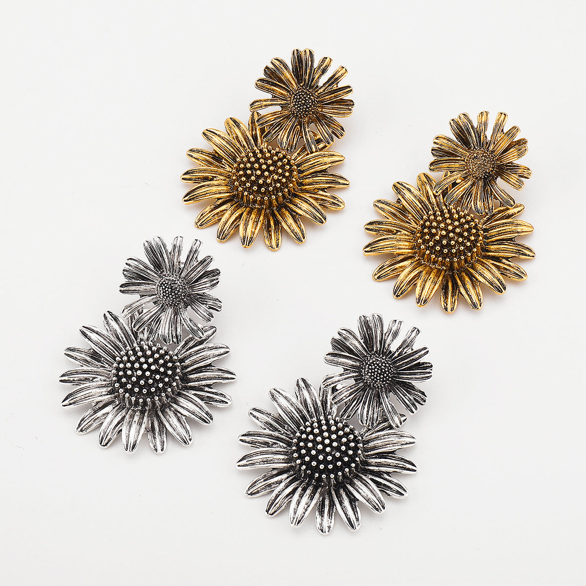 Vintage-Style Sunflower-Shaped Alloy Stud Earrings for Women with Electroplated Finish and Stainless Steel Posts