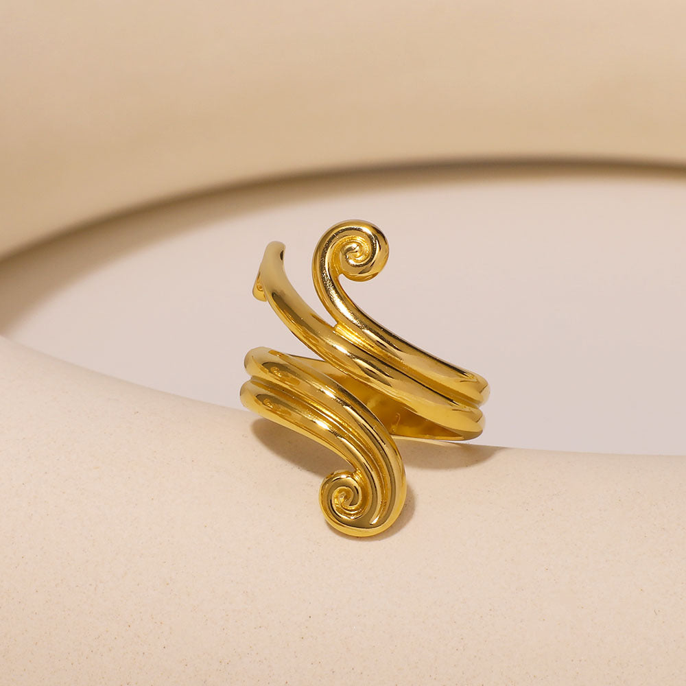 Geometric Asymmetrical Open-End Stainless Steel Ring with Curved Line Design and Plated Finish