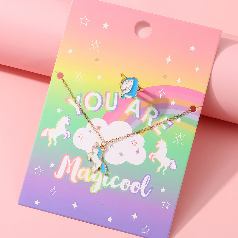 Conjunto de collar y anillo de unicornio de dibujos animados para niños, joyería de aleación con acabado de esmalte, collares y anillos infantiles con forma de animal