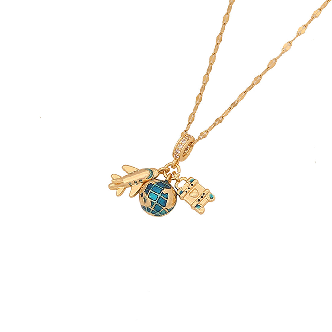 Fashionable Heart-Shaped Enamel Airplane Earth Camera Pendant Necklace in Copper for Women