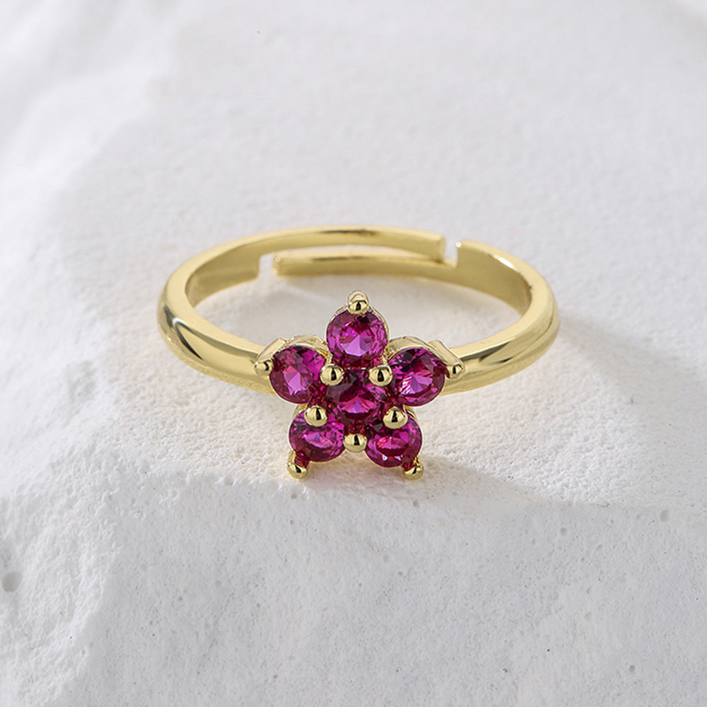 Geometric Floral Open Ring for Women in Copper with 18K Gold Plating and Zircon Inlay