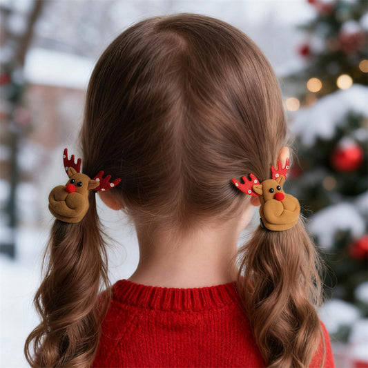 Fermaglio per capelli a forma di renna natalizia in stile naturale per bambini con fiocco e design in rete arricciata fermaglio per capelli a becco d'anatra in resina plastica